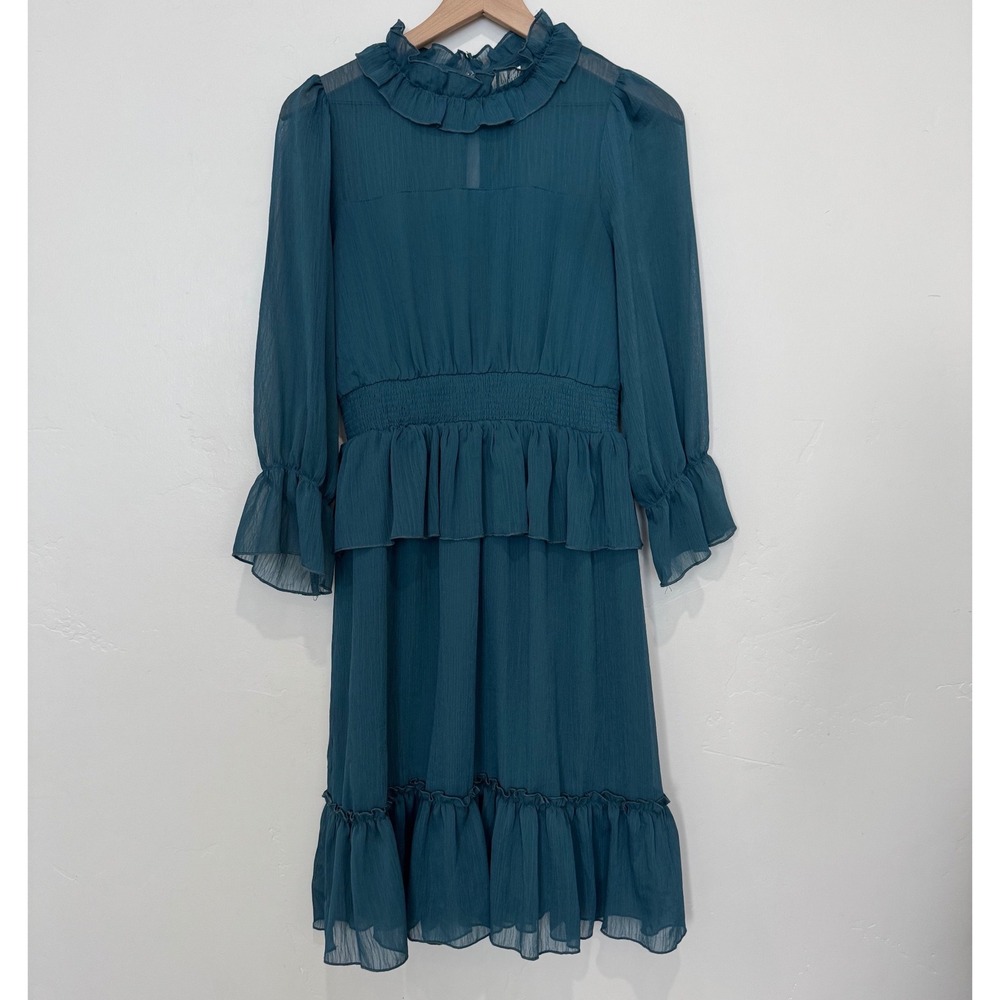 Bohme Teal Blue Ruffle‎ Neck Smocked Waist Midi Dress Size M Feminine Romantic